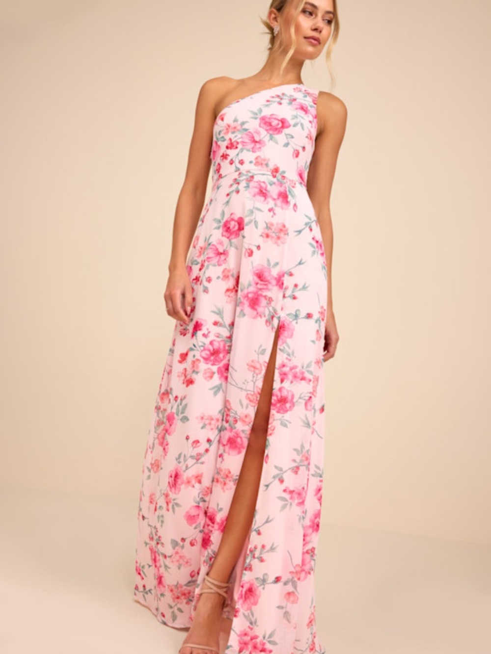 Lulus Elegant Admiration Light Pink Floral One-shoulder Maxi Dress - Size 1X